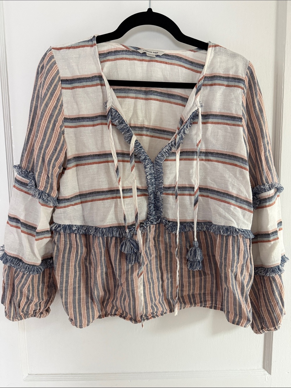 American Eagle Outfitters Blue and Rust Striped Tassel Peasant Top